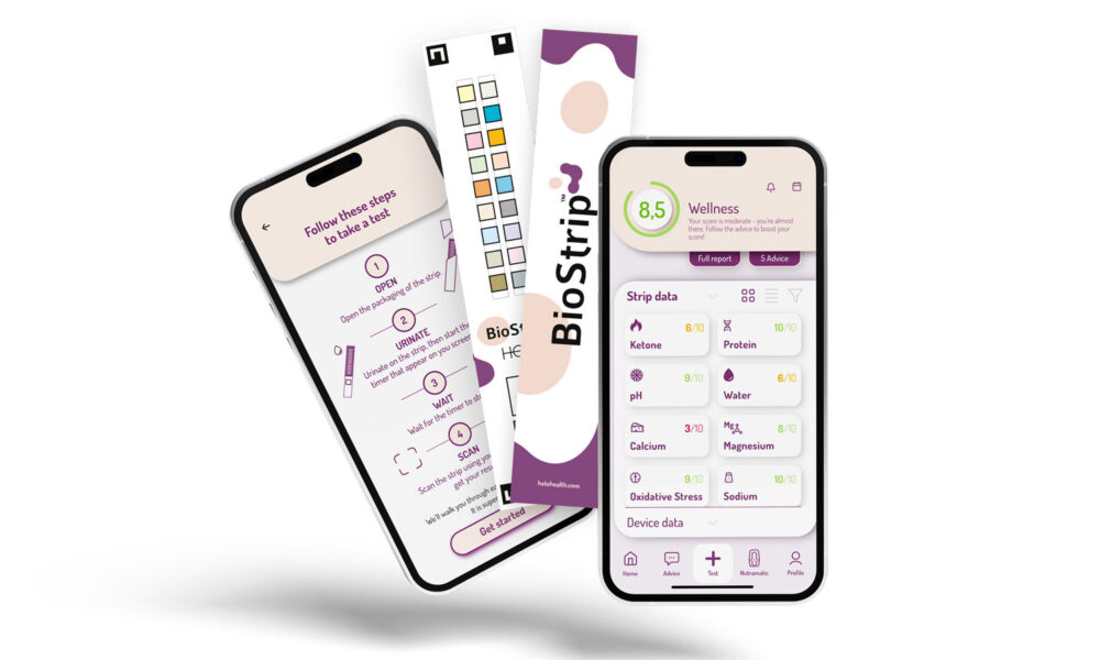 smartphone che mostrano due schermate dell'App NutraLife AI + striscette di BioStrip