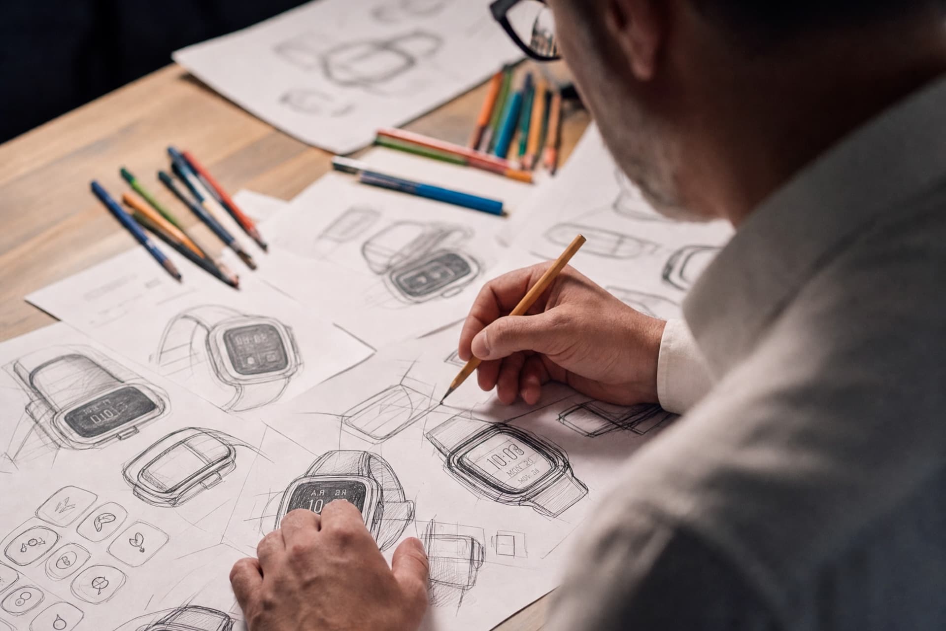 Francesco Galiero al lavoro al tavolo da disegno, realizzando una serie di sketches per il design di uno smart watch