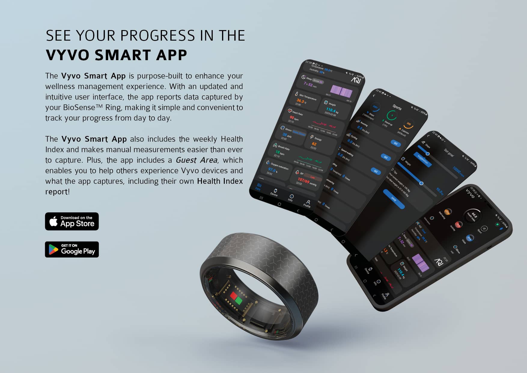 BioSense Ring, pagina che spiega l'interazione dei dati con l'App Vyvo Smart